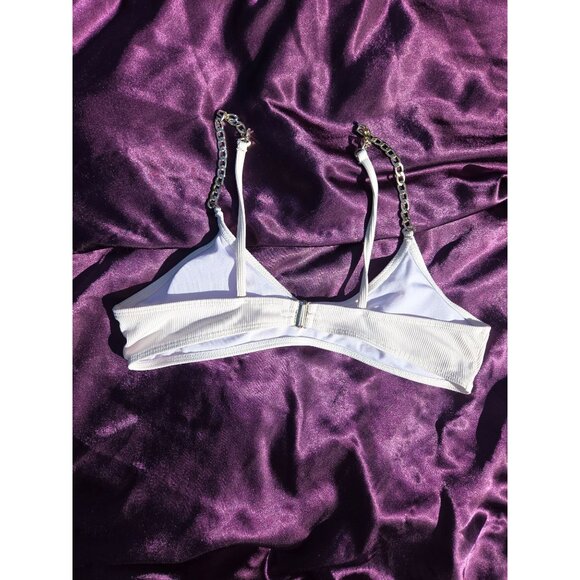 White Ribbed Swim Top Bralette With Chain Straps & Back Clasp Closure*34B - Picture 6 of 7